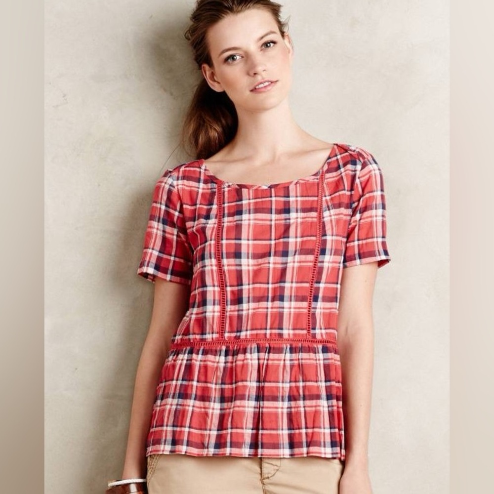 Maeve Anthropologie Red Gingham Plaid Peplum Top Shirt Blouse Small S